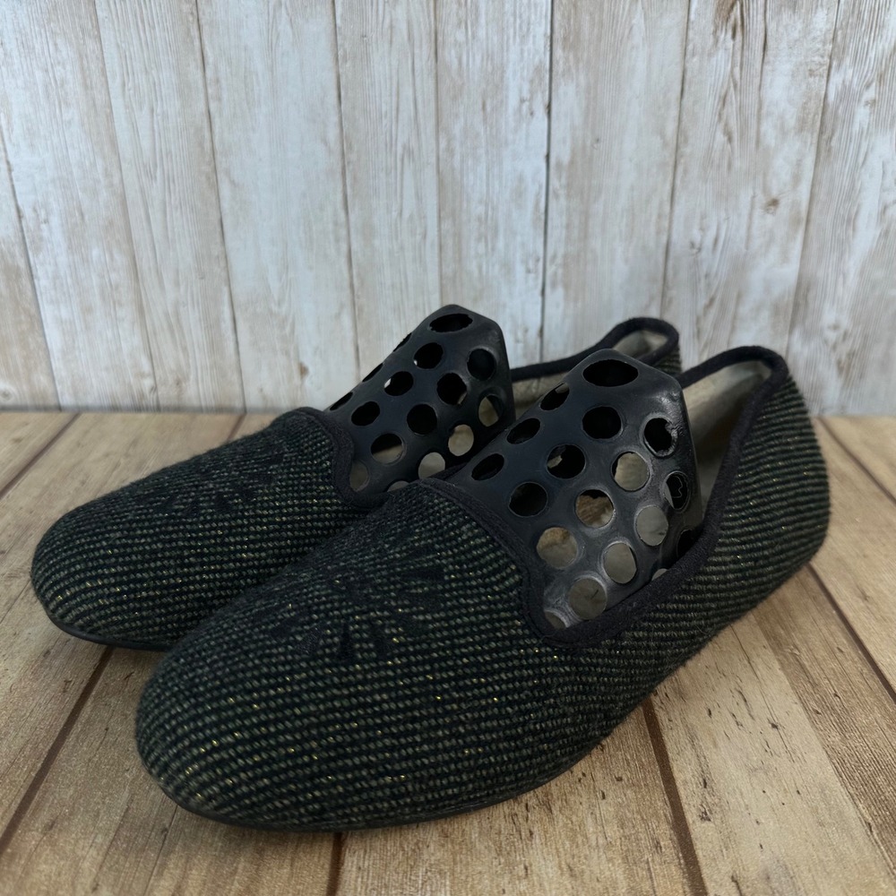 UGG Australia Tweed Green Black Gold Metallic Sherpa Fleece Loafers Women's Sz 7